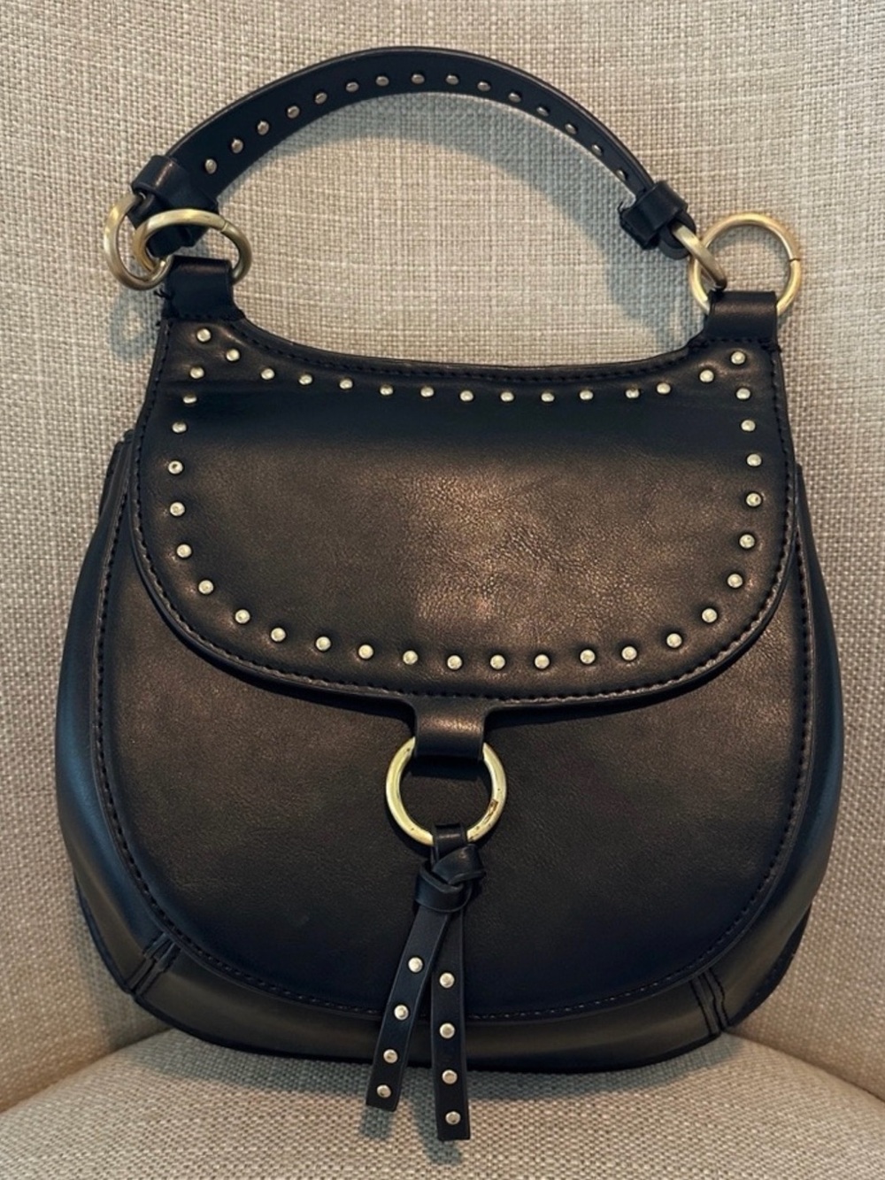 Zara Black Studded Saddle Shoulder Bag with Gold Rings